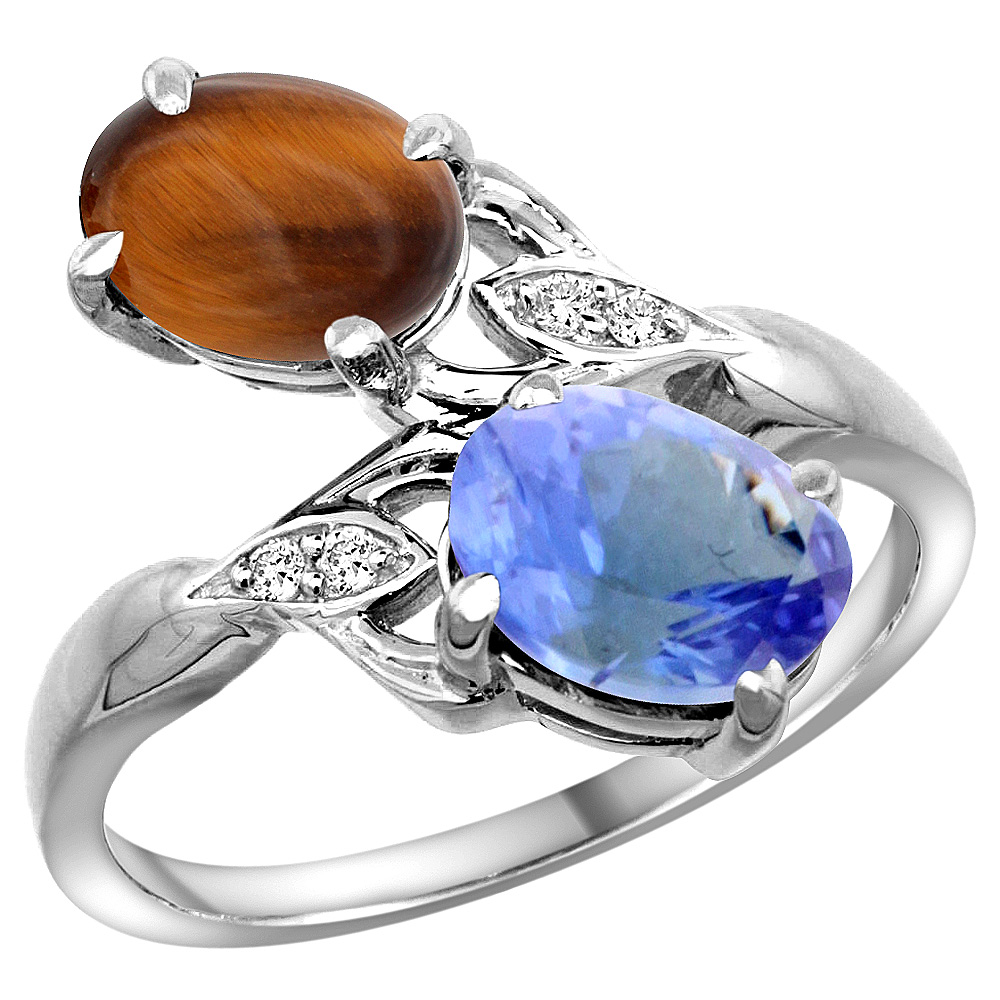 14K WHITE GOLD DIAMOND NATURAL TIGER EYE & TANZANITE 2-STONE RING OVAL 8X6MM, SIZES 5 - 10