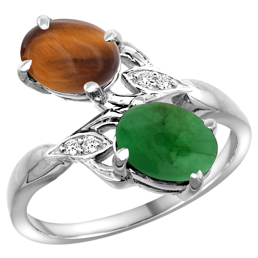 14K WHITE GOLD DIAMOND NATURAL TIGER EYE & CABOCHON EMERALD 2-STONE RING OVAL 8X6MM, SIZES 5 - 10