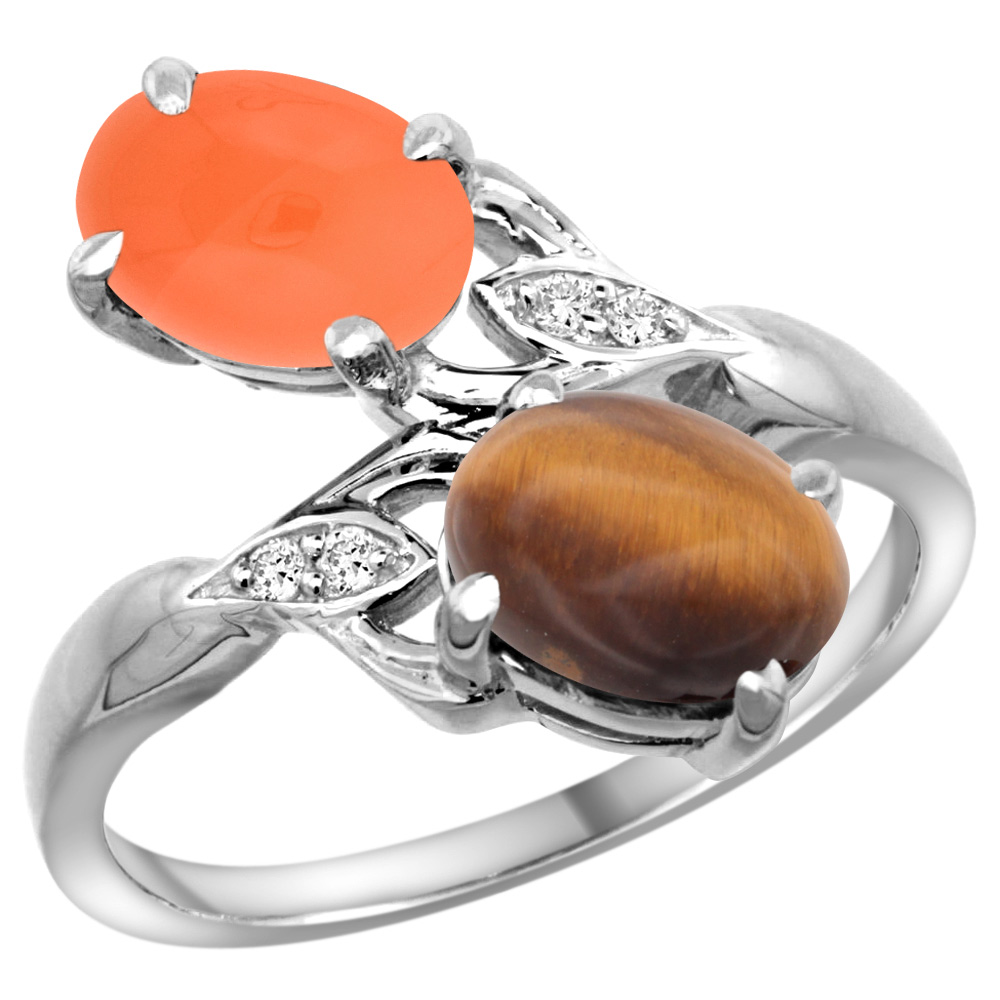 14K WHITE GOLD DIAMOND NATURAL TIGER EYE & ORANGE MOONSTONE 2-STONE RING OVAL 8X6MM, SIZES 5 - 10