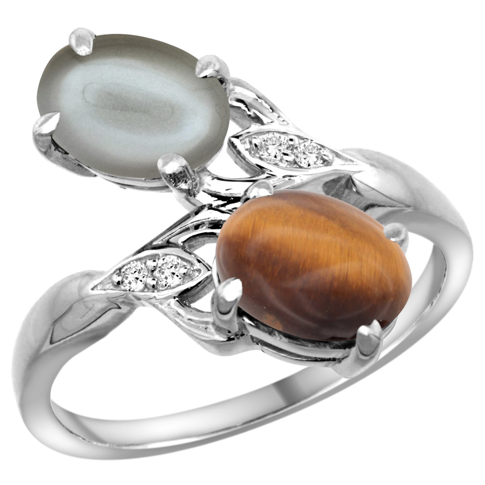 14K WHITE GOLD DIAMOND NATURAL TIGER EYE & GRAY MOONSTONE 2-STONE RING OVAL 8X6MM, SIZES 5 - 10