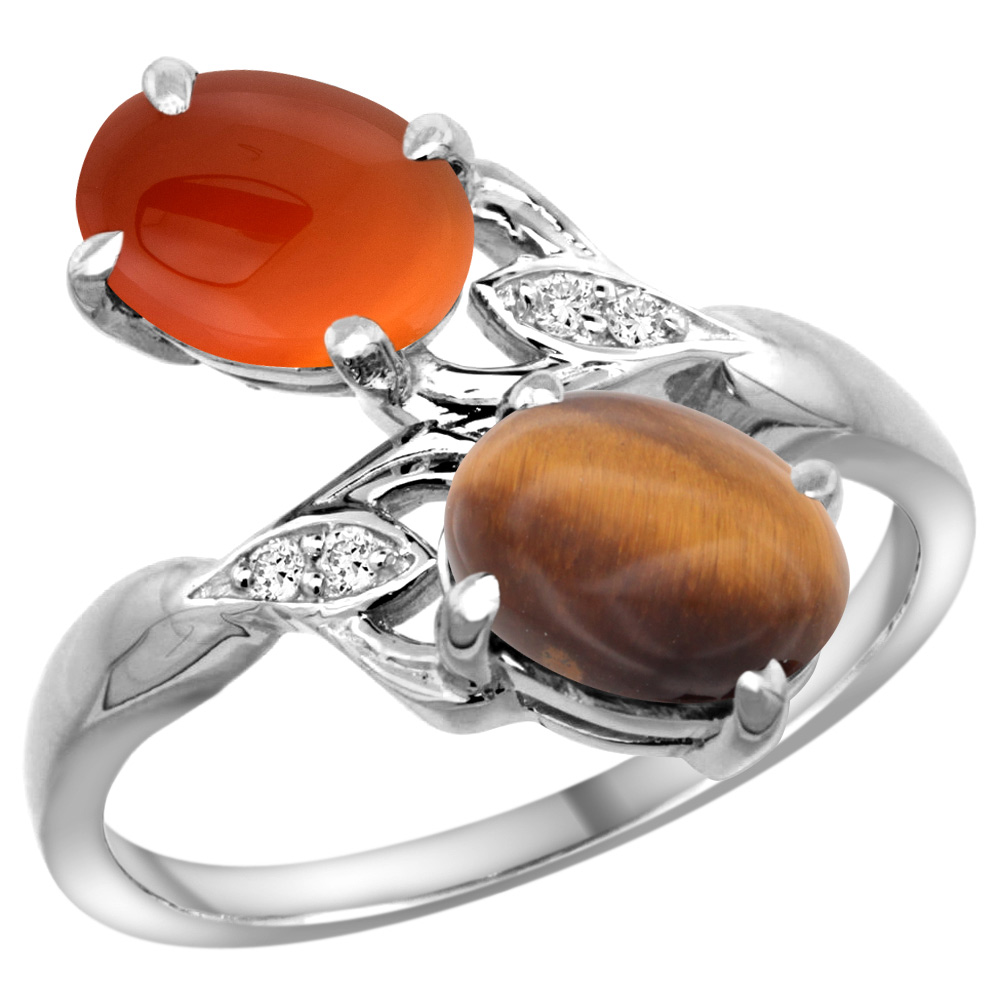 14K WHITE GOLD DIAMOND NATURAL TIGER EYE & BROWN AGATE 2-STONE RING OVAL 8X6MM, SIZES 5 - 10