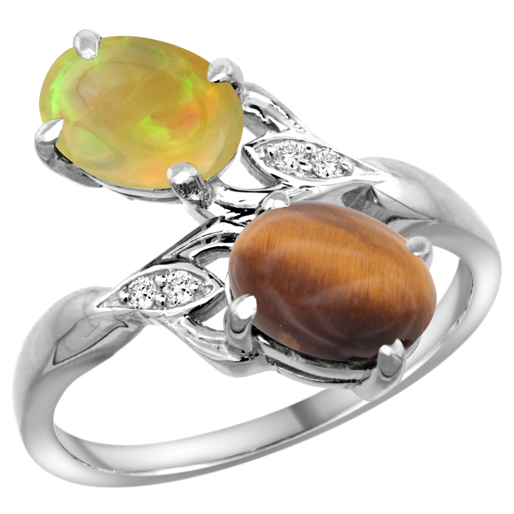 14k White Gold Diamond Natural Tiger Eye &amp; Ethiopian Opal 2-stone Mothers Ring Oval 8x6mm, size 5 - 10