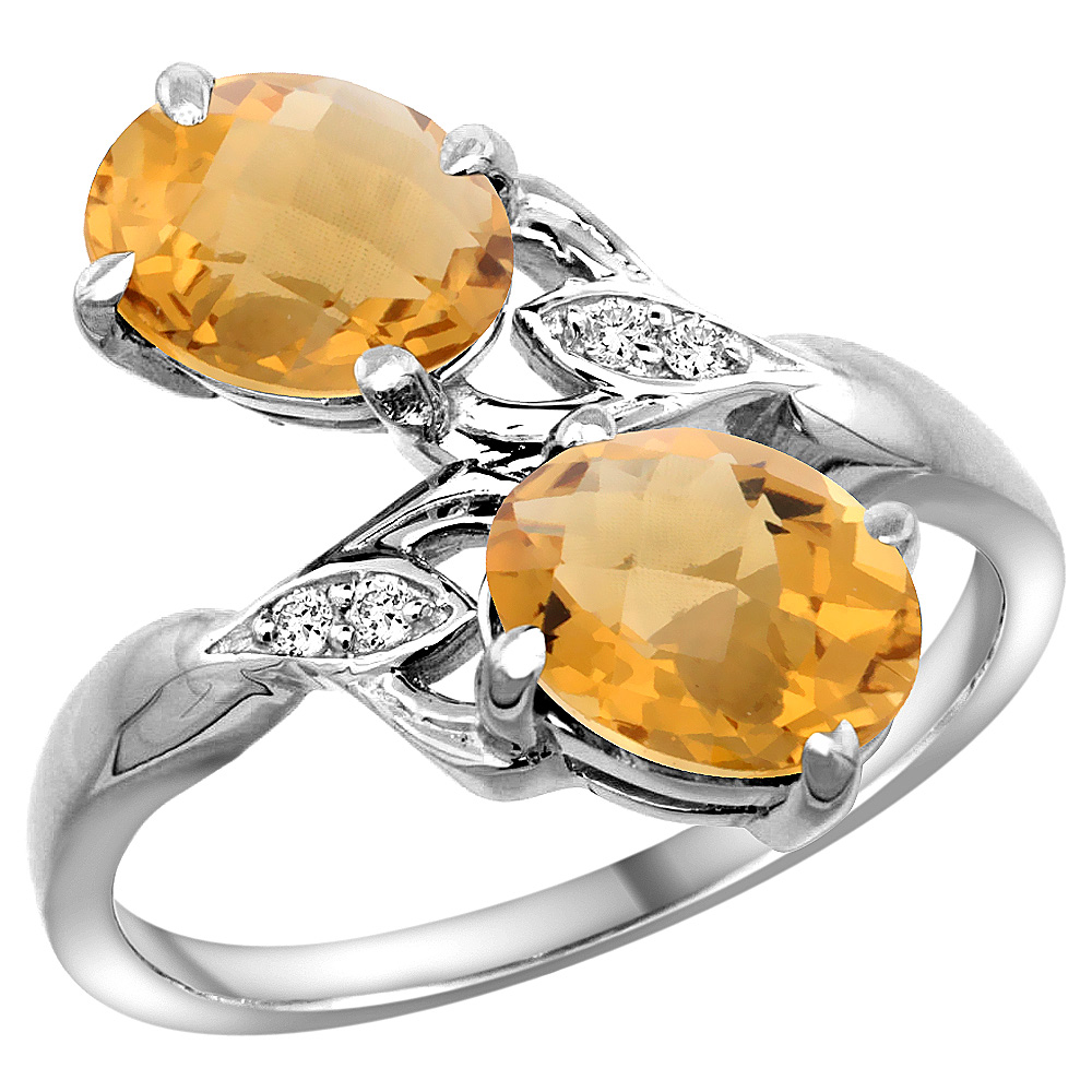 14K WHITE GOLD DIAMOND NATURAL WHISKY QUARTZ 2-STONE RING OVAL 8X6MM, SIZES 5 - 10