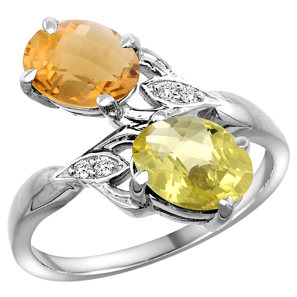 14K WHITE GOLD DIAMOND NATURAL WHISKY QUARTZ & LEMON QUARTZ 2-STONE RING OVAL 8X6MM, SIZES 5 - 10