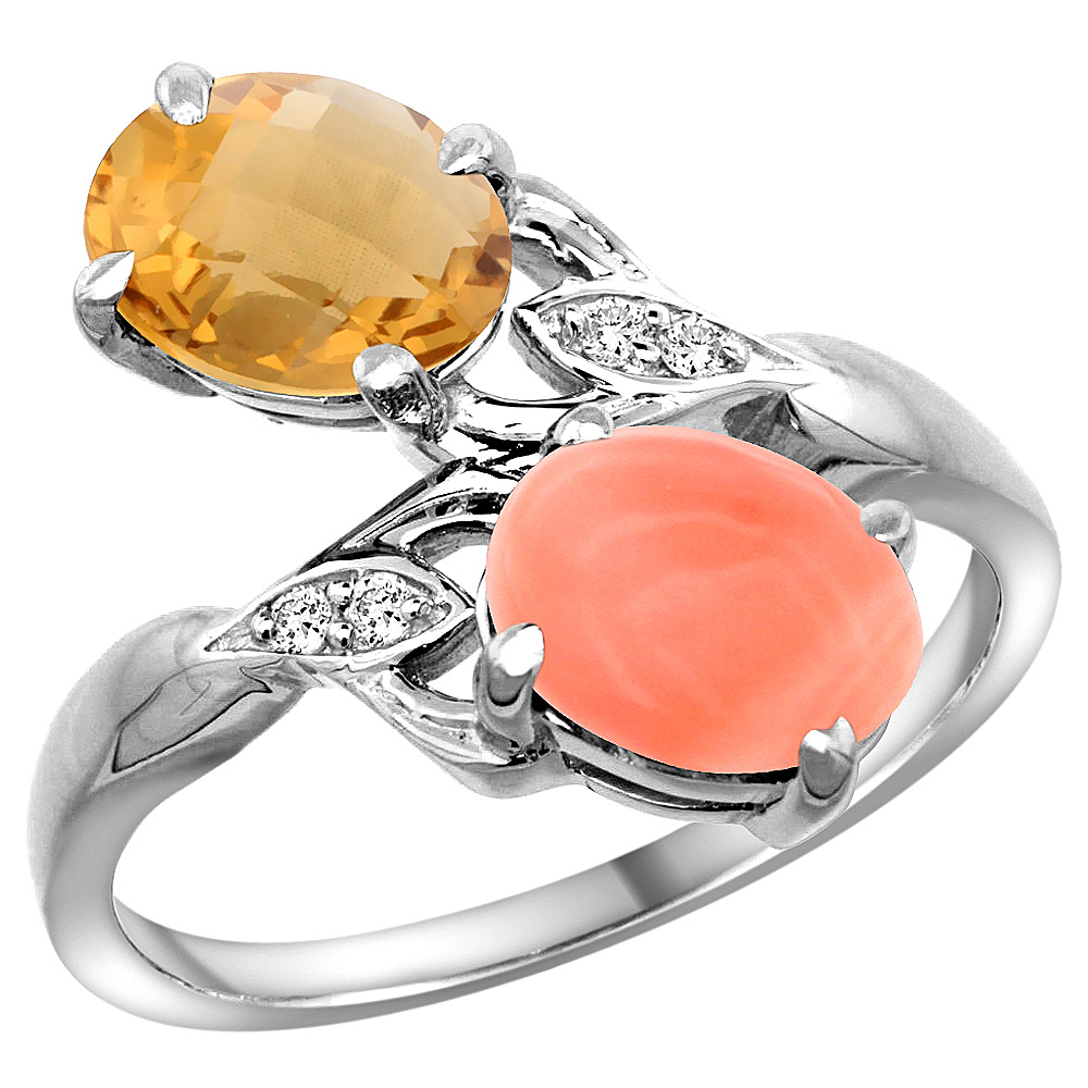 14K WHITE GOLD DIAMOND NATURAL WHISKY QUARTZ & CORAL 2-STONE RING OVAL 8X6MM, SIZES 5 - 10