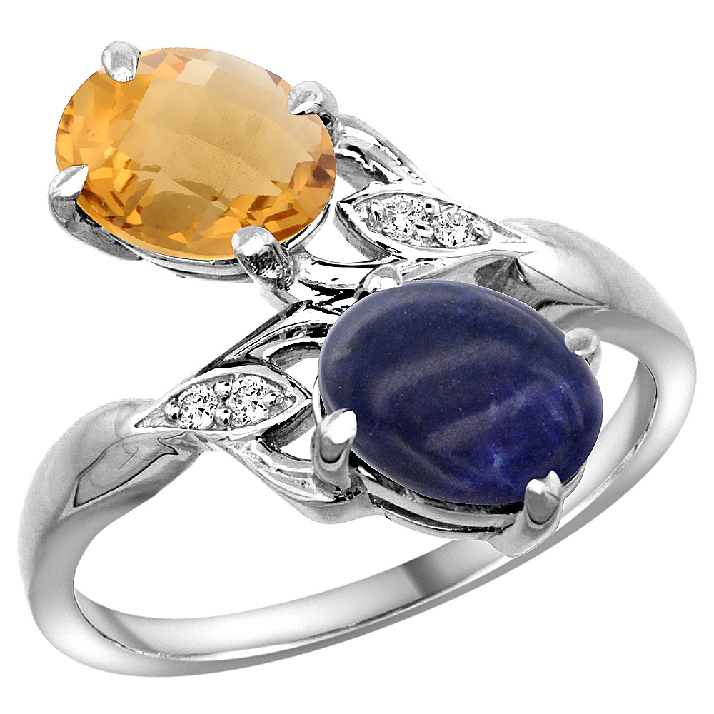 14K WHITE GOLD DIAMOND NATURAL WHISKY QUARTZ & LAPIS 2-STONE RING OVAL 8X6MM, SIZES 5 - 10
