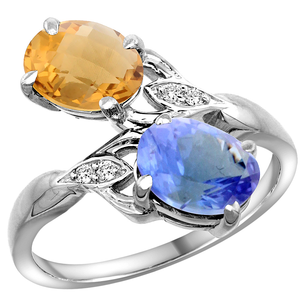 14K WHITE GOLD DIAMOND NATURAL WHISKY QUARTZ & TANZANITE 2-STONE RING OVAL 8X6MM, SIZES 5 - 10