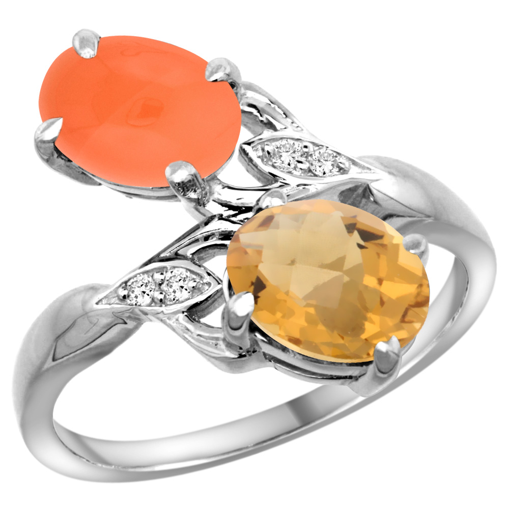14K WHITE GOLD DIAMOND NATURAL WHISKY QUARTZ & ORANGE MOONSTONE 2-STONE RING OVAL 8X6MM, SIZES 5 - 10