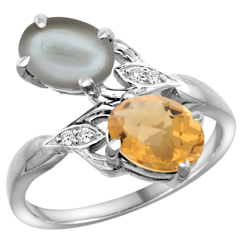 14K WHITE GOLD DIAMOND NATURAL WHISKY QUARTZ & GRAY MOONSTONE 2-STONE RING OVAL 8X6MM, SIZES 5 - 10
