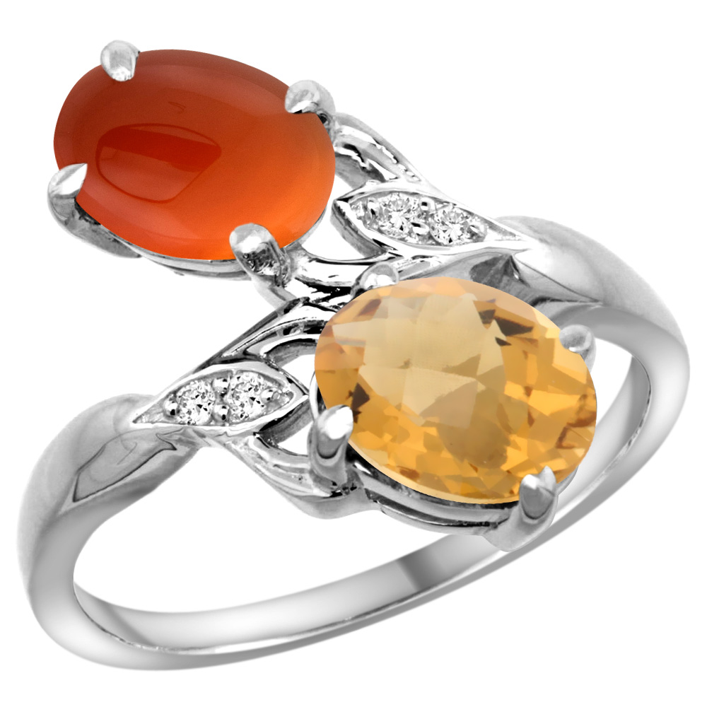 14K WHITE GOLD DIAMOND NATURAL WHISKY QUARTZ & BROWN AGATE 2-STONE RING OVAL 8X6MM, SIZES 5 - 10