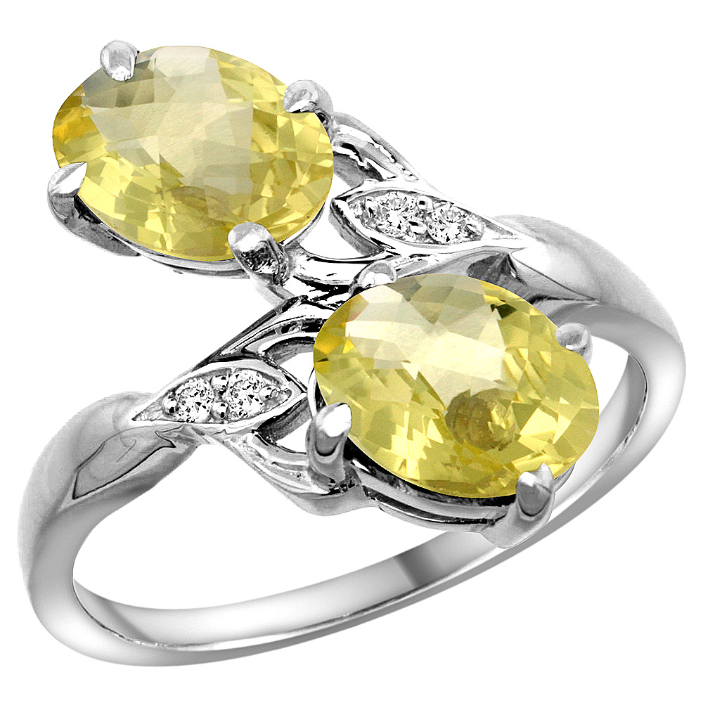 14K WHITE GOLD DIAMOND NATURAL LEMON QUARTZ 2-STONE RING OVAL 8X6MM, SIZES 5 - 10