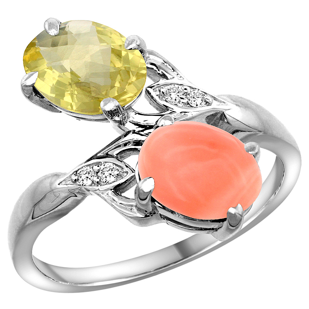 14K WHITE GOLD DIAMOND NATURAL LEMON QUARTZ & CORAL 2-STONE RING OVAL 8X6MM, SIZES 5 - 10