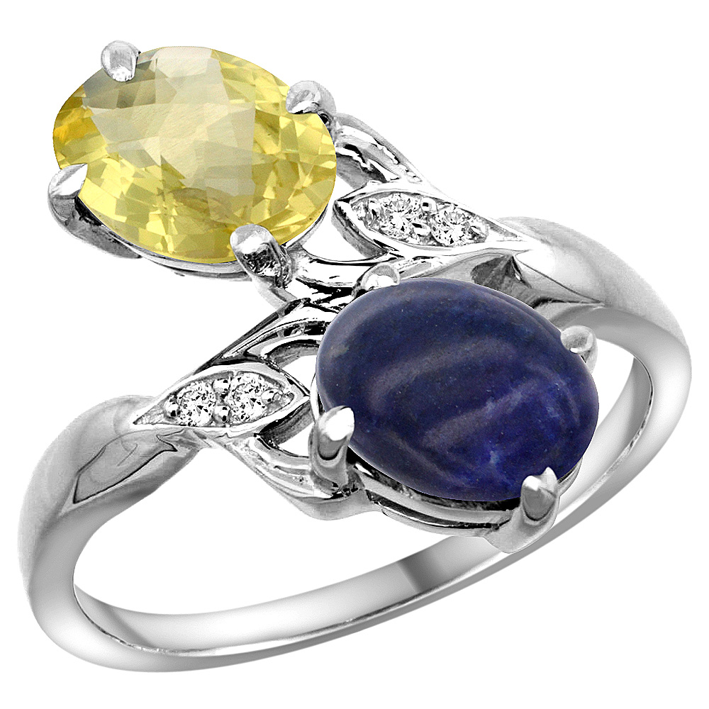 14K WHITE GOLD DIAMOND NATURAL LEMON QUARTZ & LAPIS 2-STONE RING OVAL 8X6MM, SIZES 5 - 10