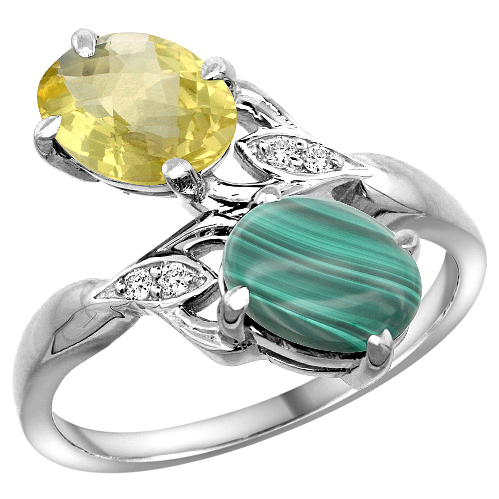 14K WHITE GOLD DIAMOND NATURAL LEMON QUARTZ & MALACHITE 2-STONE RING OVAL 8X6MM, SIZES 5 - 10
