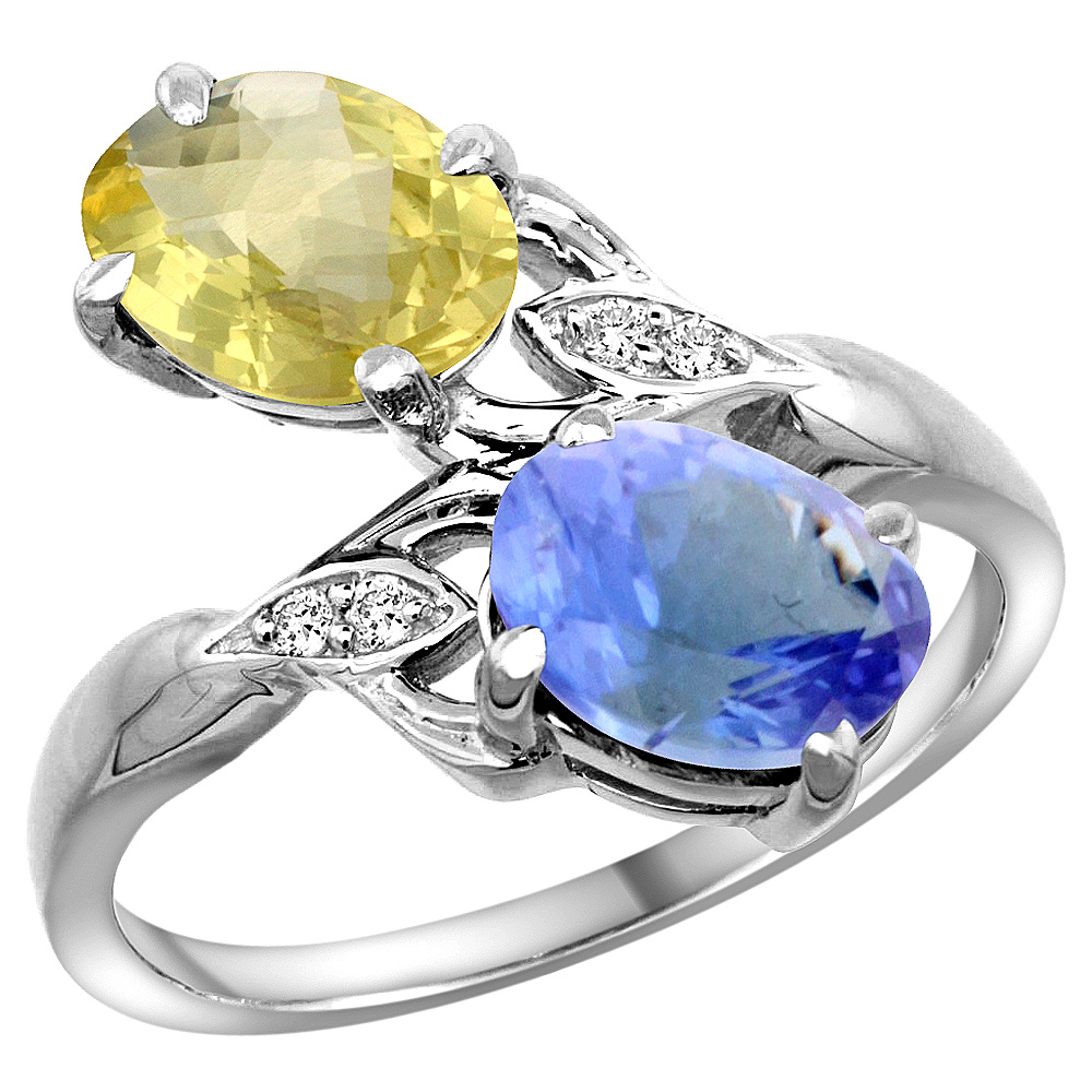 14K WHITE GOLD DIAMOND NATURAL LEMON QUARTZ & TANZANITE 2-STONE RING OVAL 8X6MM, SIZES 5 - 10