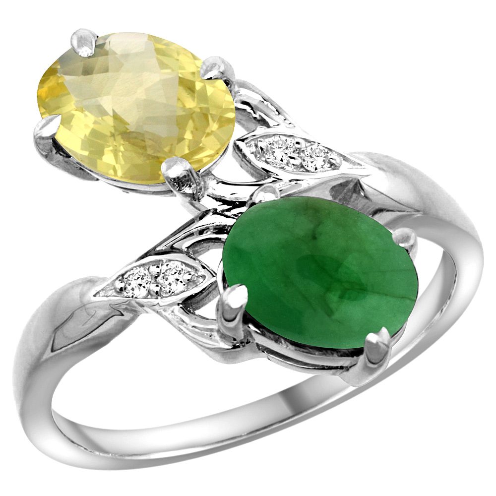 14K WHITE GOLD DIAMOND NATURAL LEMON QUARTZ & CABOCHON EMERALD 2-STONE RING OVAL 8X6MM, SIZES 5 - 10