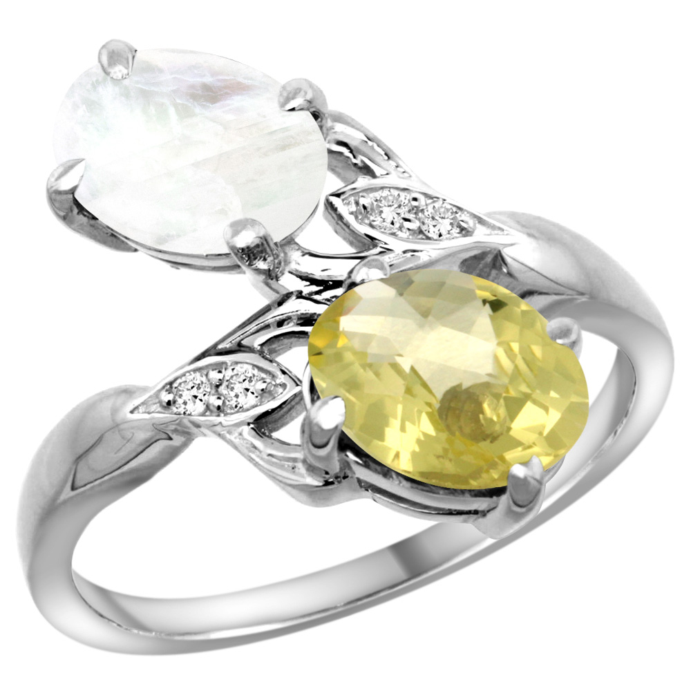 14k White Gold Diamond Natural Lemon Quartz &amp; Rainbow Moonstone 2-stone Ring Oval 8x6mm, sizes 5 - 10