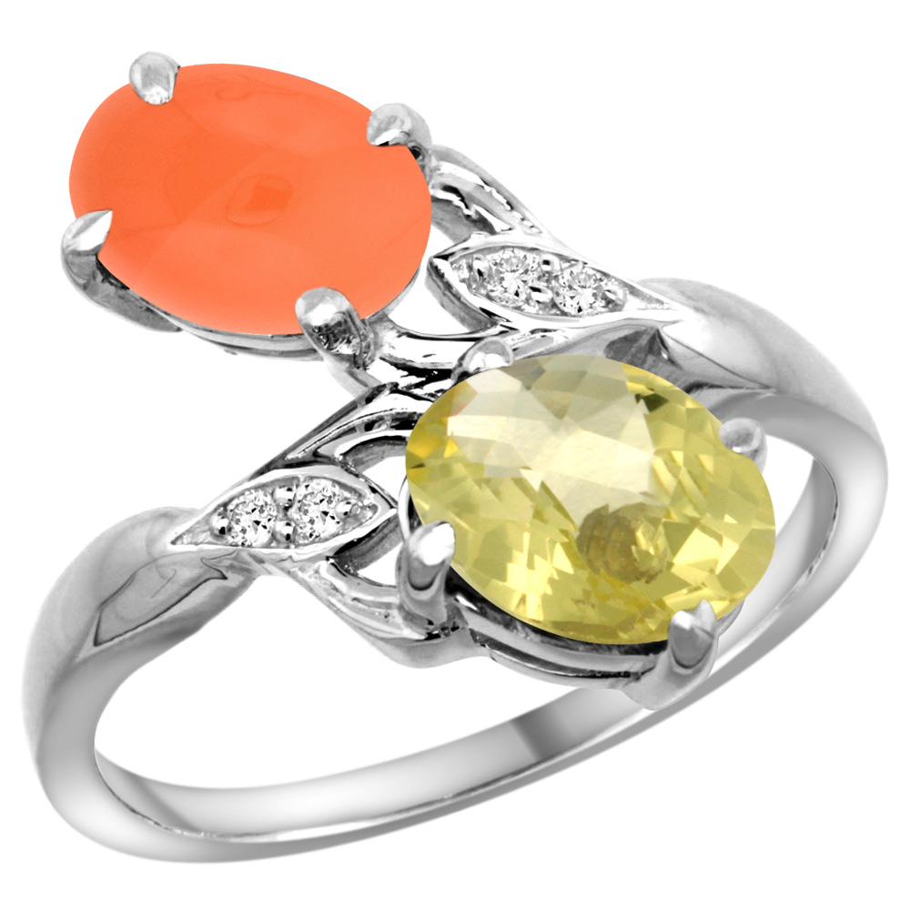 14K WHITE GOLD DIAMOND NATURAL LEMON QUARTZ & ORANGE MOONSTONE 2-STONE RING OVAL 8X6MM, SIZES 5 - 10