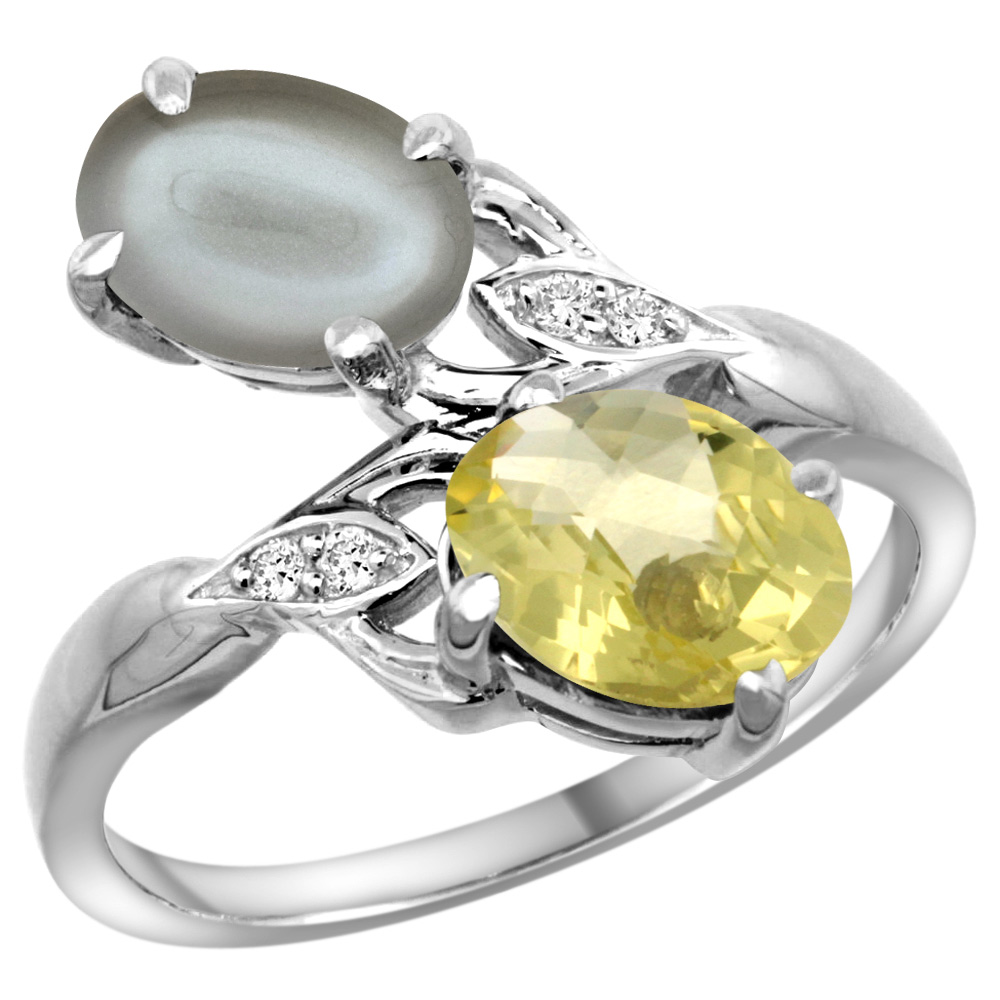 14K WHITE GOLD DIAMOND NATURAL LEMON QUARTZ & GRAY MOONSTONE 2-STONE RING OVAL 8X6MM, SIZES 5 - 10