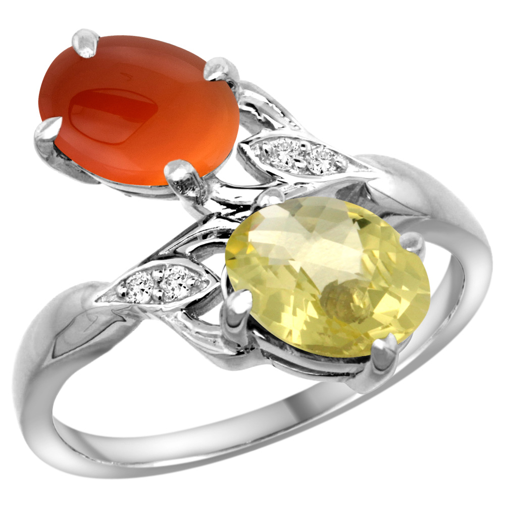 14K WHITE GOLD DIAMOND NATURAL PERIDOT & BROWN AGATE 2-STONE RING OVAL 8X6MM, SIZES 5 - 10