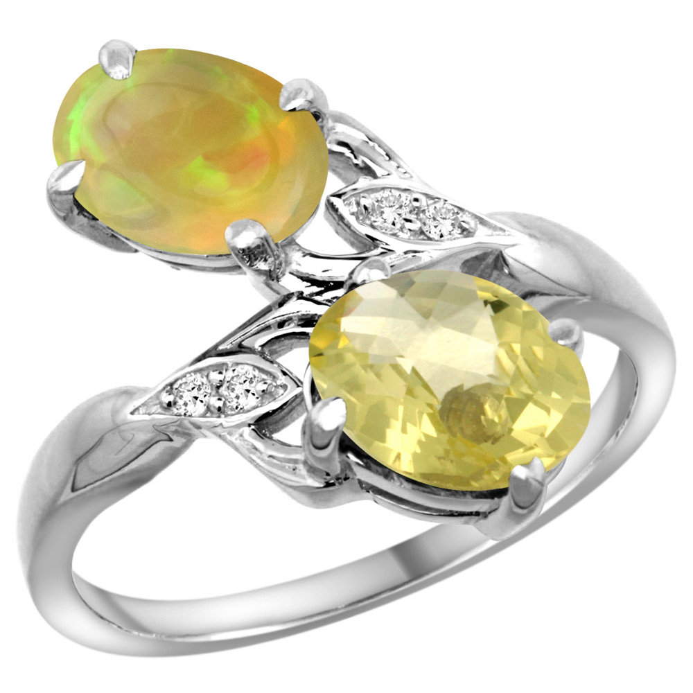 14k White Gold Diamond Natural Lemon Quartz &amp; Ethiopian Opal 2-stone Mothers Ring Oval 8x6mm, size 5 - 10