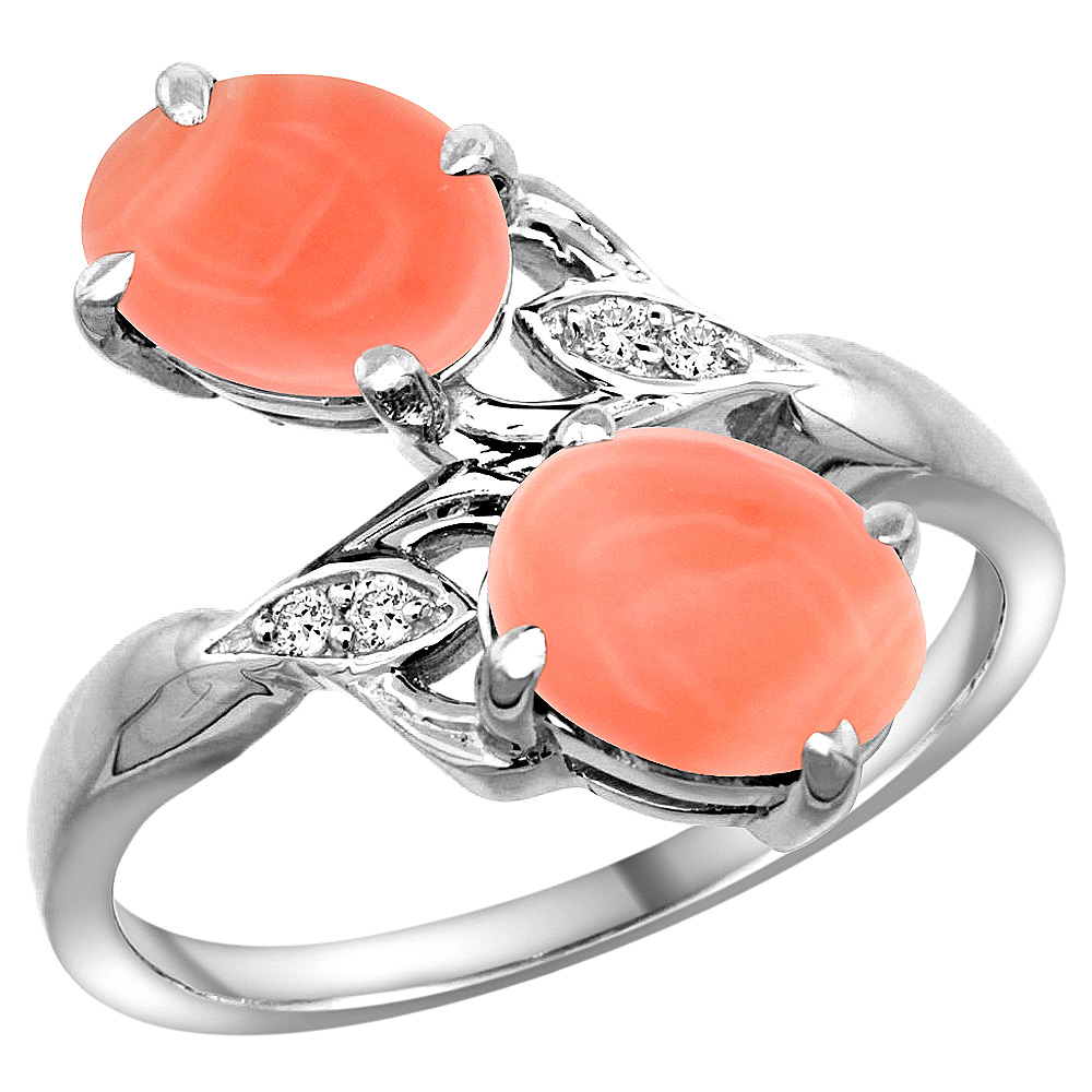 14K WHITE GOLD DIAMOND NATURAL CORAL 2-STONE RING OVAL 8X6MM, SIZES 5 - 10