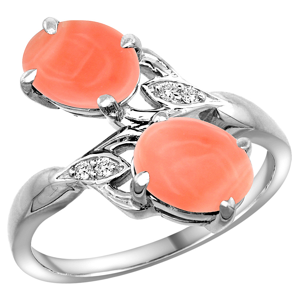 10K White Gold Diamond Natural Coral 2-stone Ring Oval 8x6mm, sizes 5 - 10
