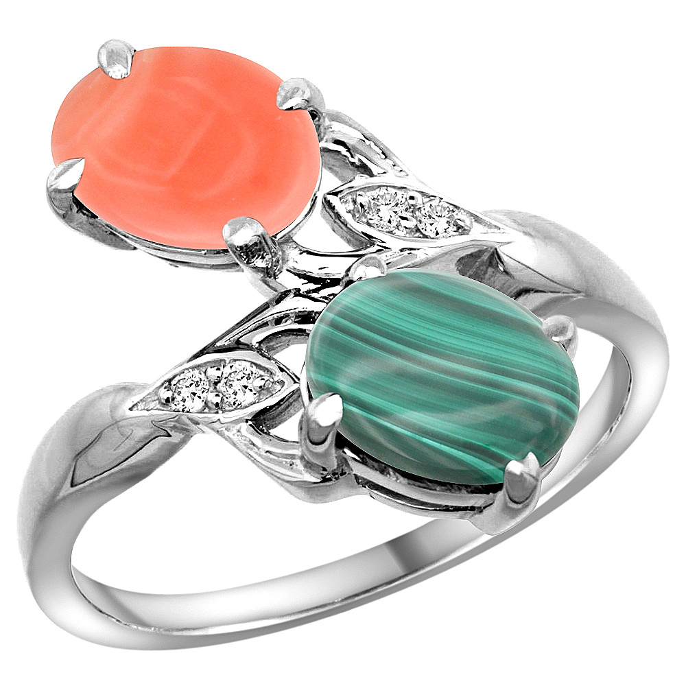 14K WHITE GOLD DIAMOND NATURAL CORAL & MALACHITE 2-STONE RING OVAL 8X6MM, SIZES 5 - 10