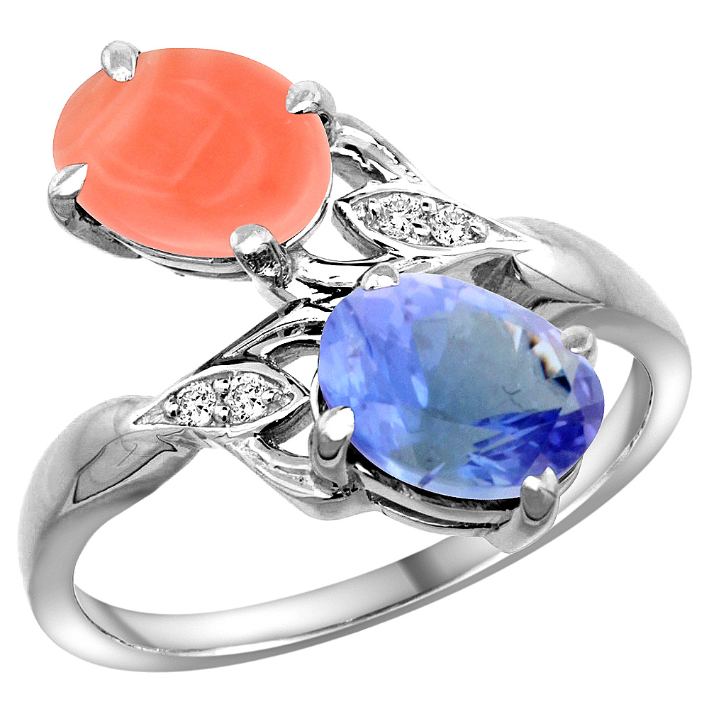 14K WHITE GOLD DIAMOND NATURAL CORAL & TANZANITE 2-STONE RING OVAL 8X6MM, SIZES 5 - 10