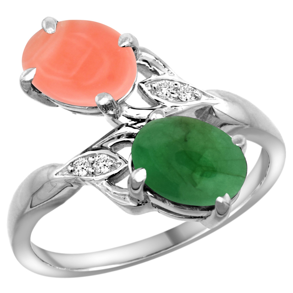 14k White Gold Diamond Natural Coral &amp; Cabochon Emerald 2-stone Ring Oval 8x6mm, sizes 5 - 10
