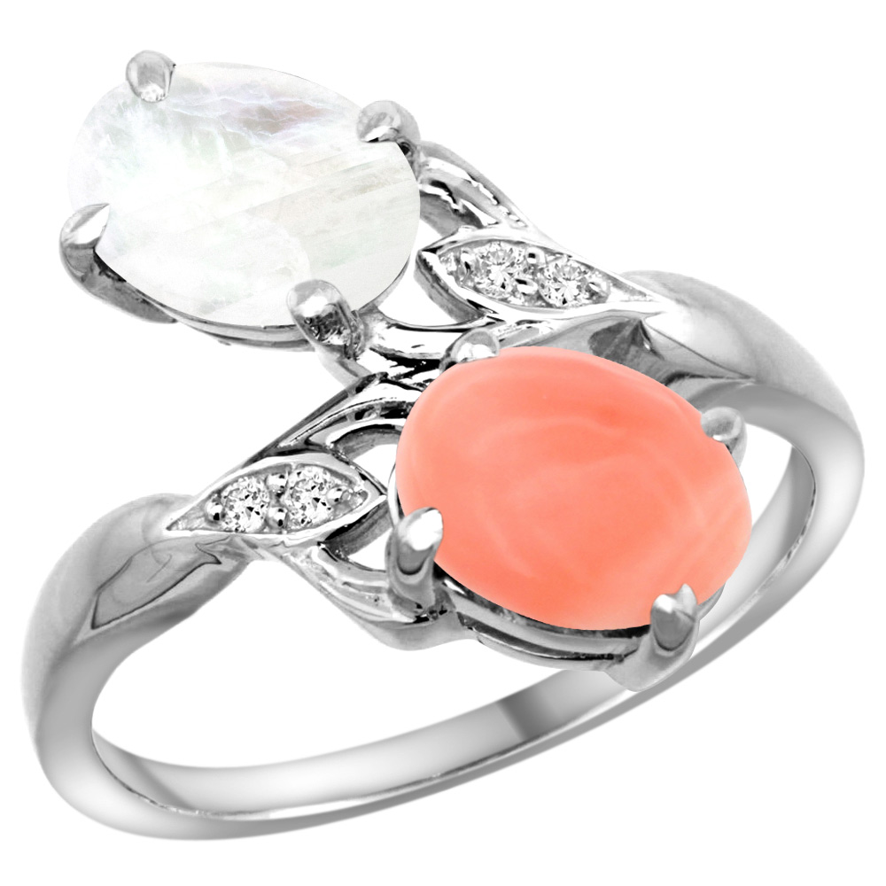 14k White Gold Diamond Natural Coral &amp; Rainbow Moonstone 2-stone Ring Oval 8x6mm, sizes 5 - 10