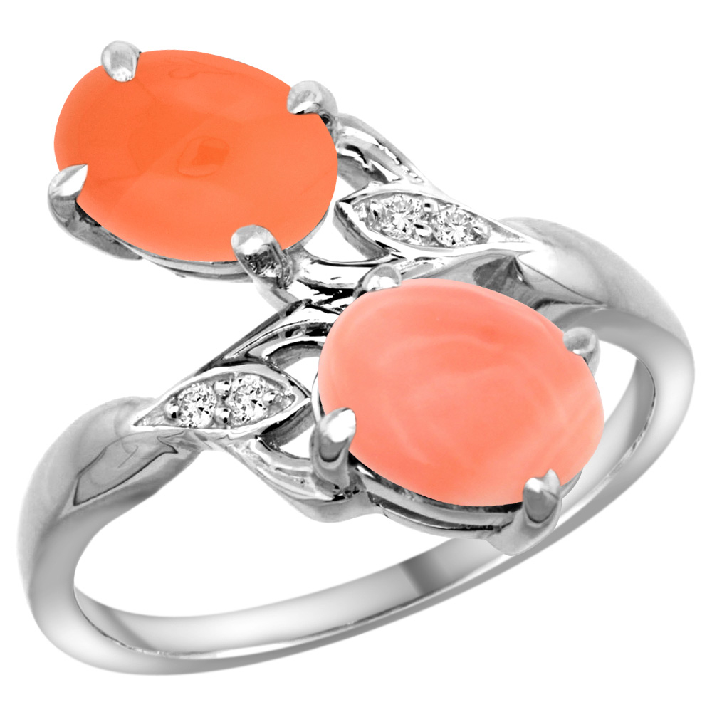 14K WHITE GOLD DIAMOND NATURAL CORAL & ORANGE MOONSTONE 2-STONE RING OVAL 8X6MM, SIZES 5 - 10