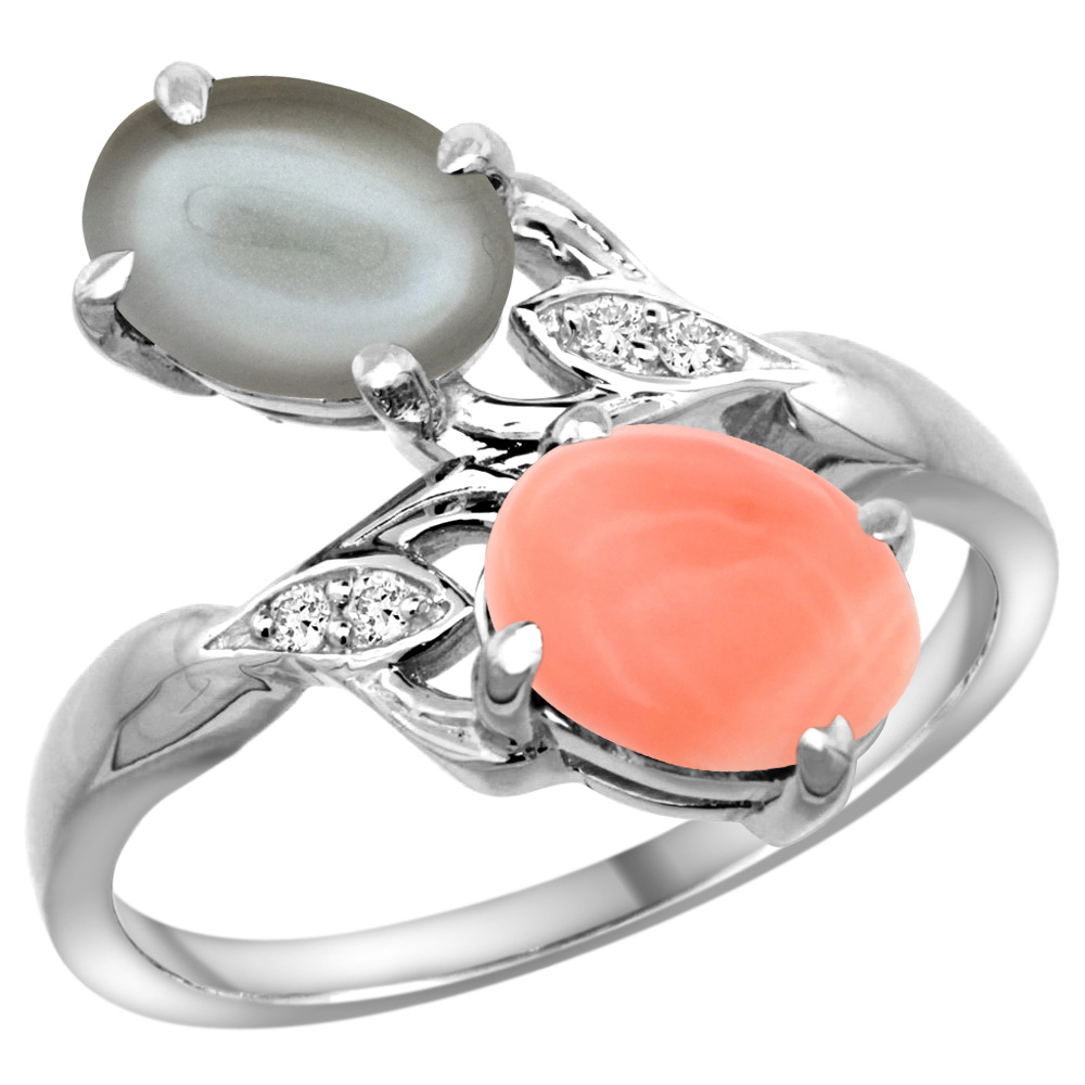 14K WHITE GOLD DIAMOND NATURAL CORAL & GRAY MOONSTONE 2-STONE RING OVAL 8X6MM, SIZES 5 - 10