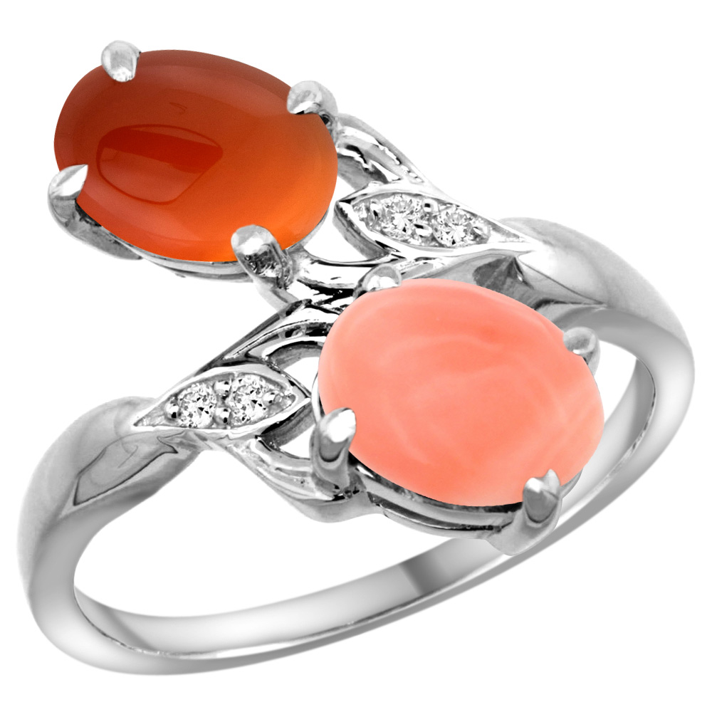 14K WHITE GOLD DIAMOND NATURAL CORAL & BROWN AGATE 2-STONE RING OVAL 8X6MM, SIZES 5 - 10