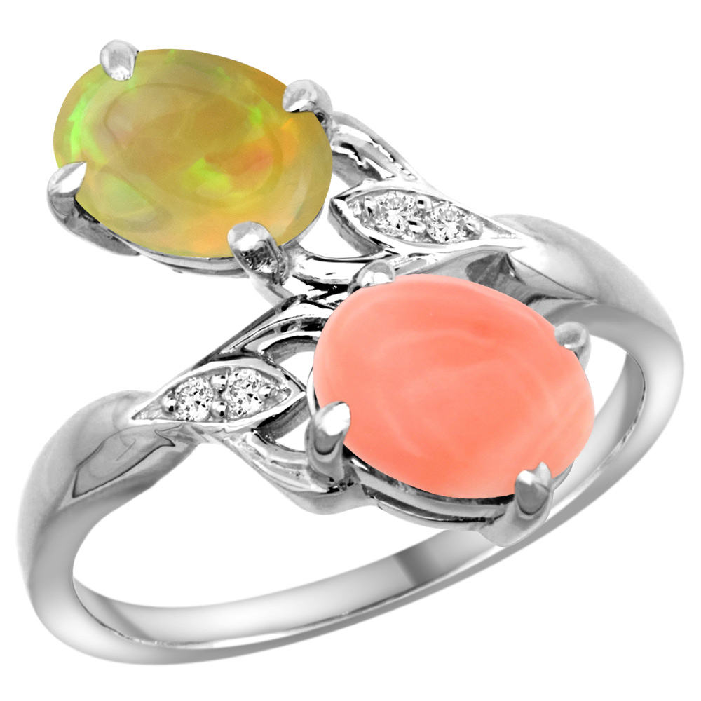 14k White Gold Diamond Natural Coral &amp; Ethiopian Opal 2-stone Mothers Ring Oval 8x6mm, size 5 - 10