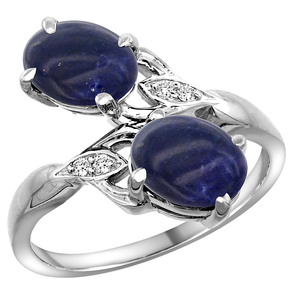 14K WHITE GOLD DIAMOND NATURAL LAPIS 2-STONE RING OVAL 8X6MM, SIZES 5 - 10