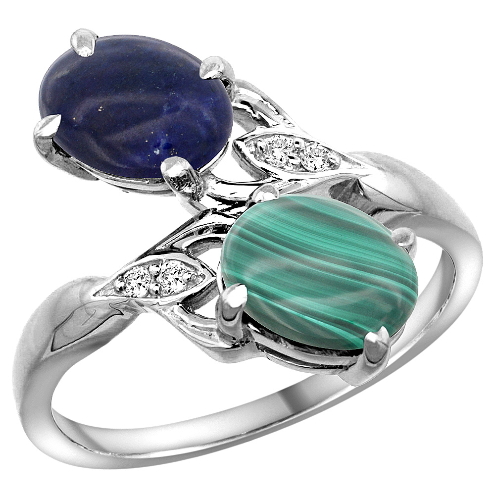 14K WHITE GOLD DIAMOND NATURAL LAPIS & MALACHITE 2-STONE RING OVAL 8X6MM, SIZES 5 - 10
