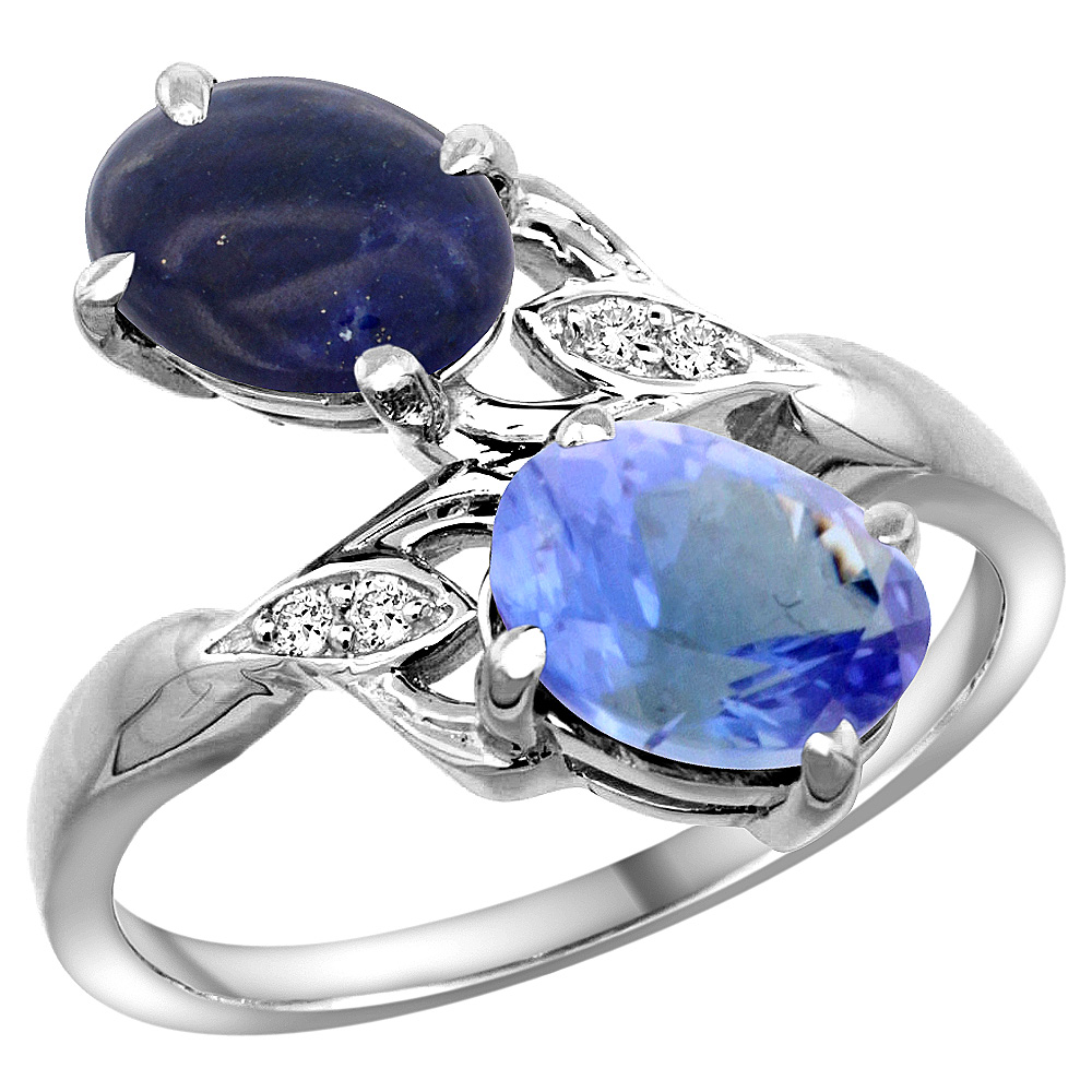 14K WHITE GOLD DIAMOND NATURAL LAPIS & TANZANITE 2-STONE RING OVAL 8X6MM, SIZES 5 - 10