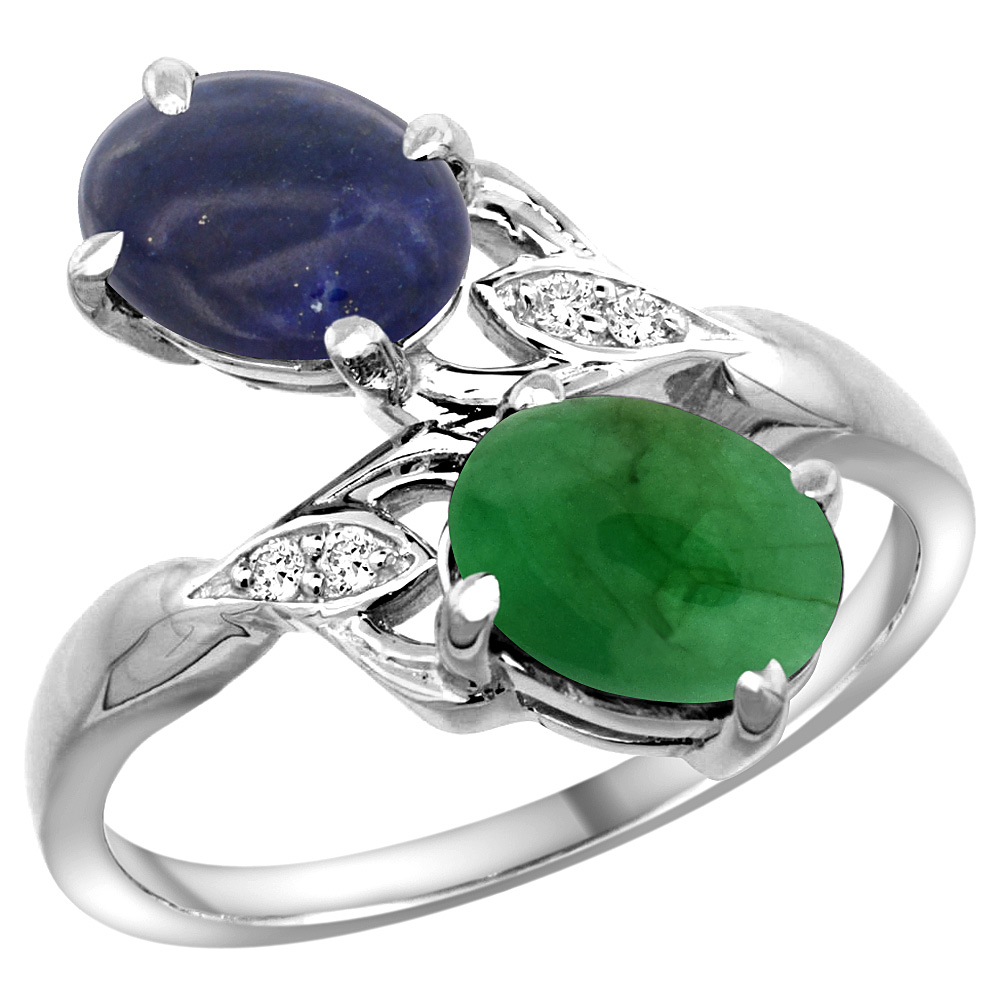 14K WHITE GOLD DIAMOND NATURAL LAPIS & CABOCHON EMERALD 2-STONE RING OVAL 8X6MM, SIZES 5 - 10
