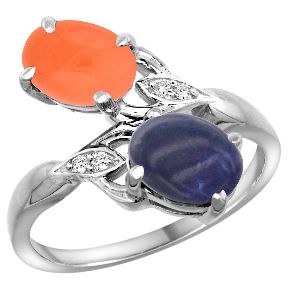 14K WHITE GOLD DIAMOND NATURAL LAPIS & ORANGE MOONSTONE 2-STONE RING OVAL 8X6MM, SIZES 5 - 10