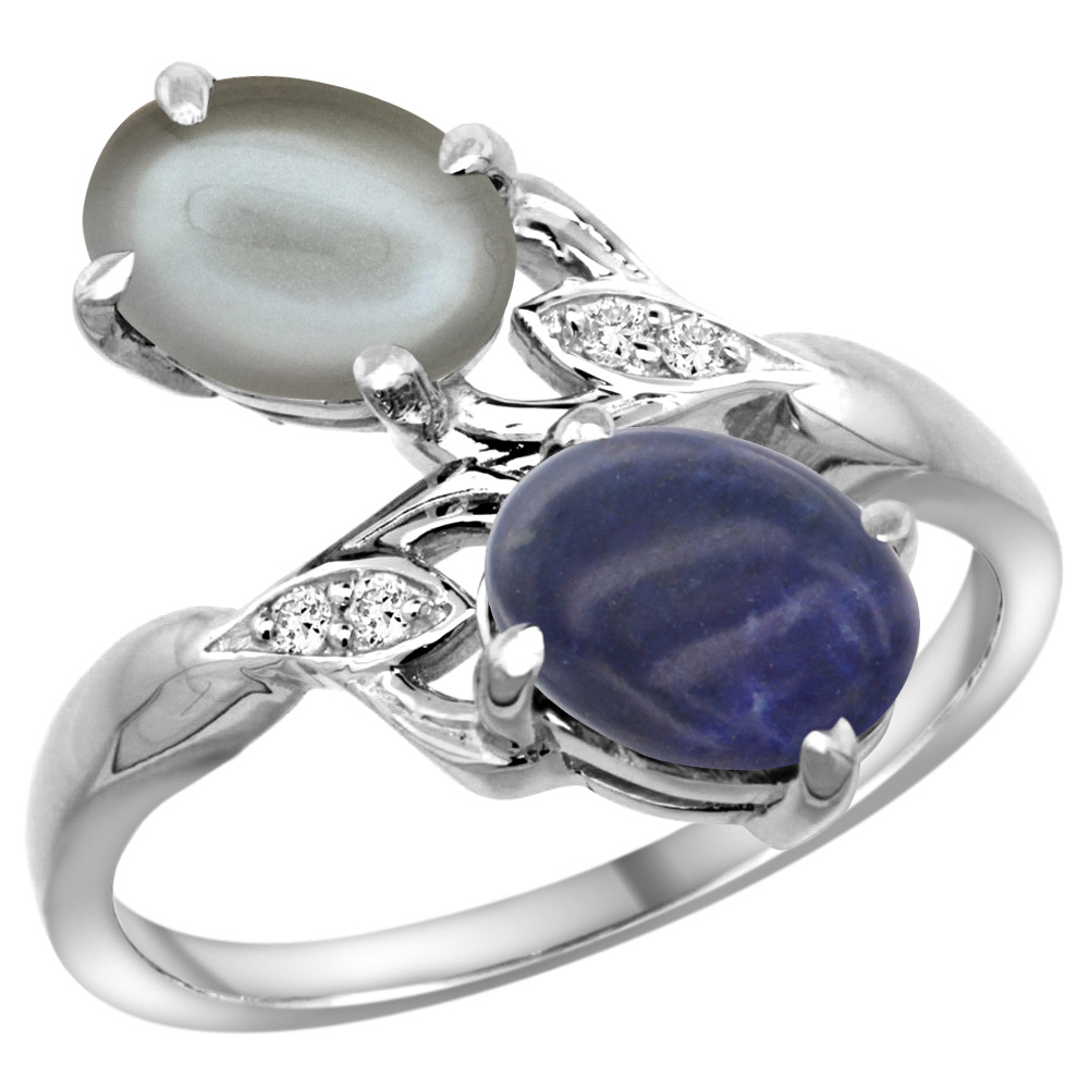 14K WHITE GOLD DIAMOND NATURAL LAPIS & GRAY MOONSTONE 2-STONE RING OVAL 8X6MM, SIZES 5 - 10