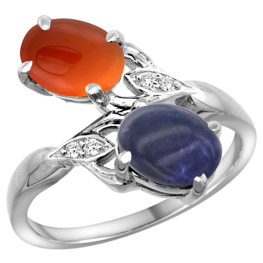 14k White Gold Diamond Natural Lapis &amp; Brown Agate 2-stone Ring Oval 8x6mm, sizes 5 - 10