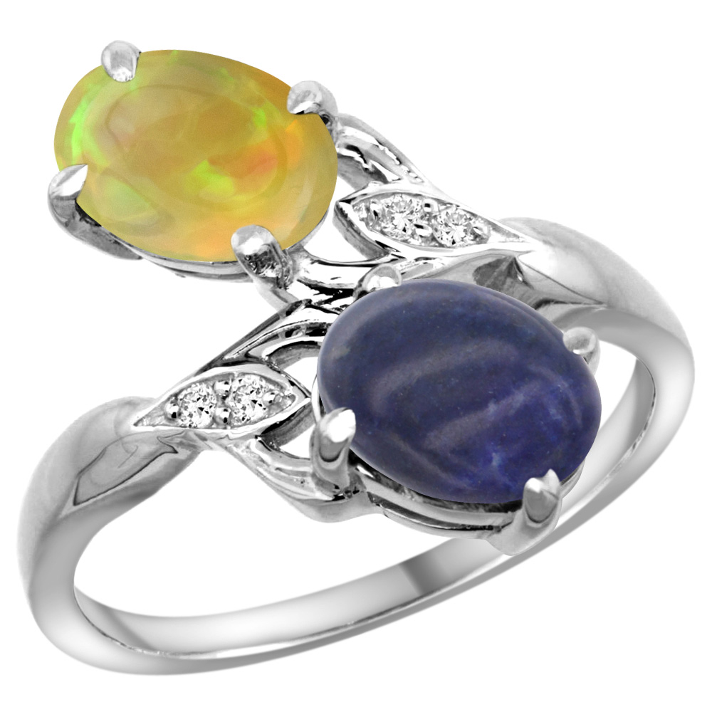 14k White Gold Diamond Natural Lapis & Ethiopian Opal 2-stone Mothers Ring Oval 8x6mm, size 5 - 10