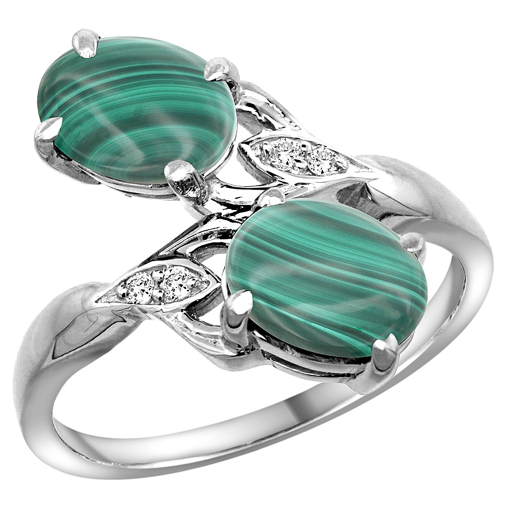 14K WHITE GOLD DIAMOND NATURAL MALACHITE 2-STONE RING OVAL 8X6MM, SIZES 5 - 10
