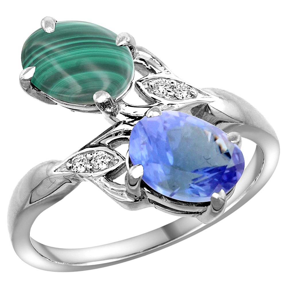 14K WHITE GOLD DIAMOND NATURAL MALACHITE & TANZANITE 2-STONE RING OVAL 8X6MM, SIZES 5 - 10