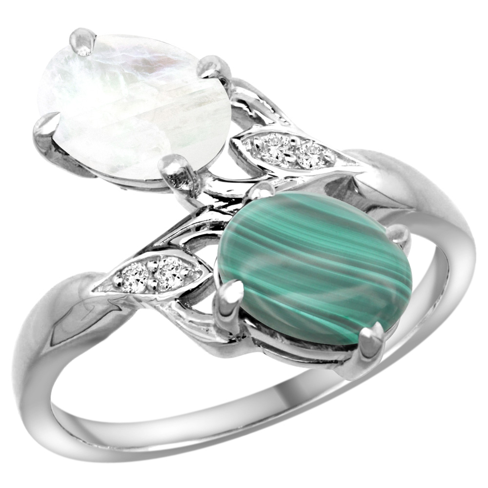 14K WHITE GOLD DIAMOND NATURAL MALACHITE & RAINBOW MOONSTONE 2-STONE RING OVAL 8X6MM, SIZES 5 - 10