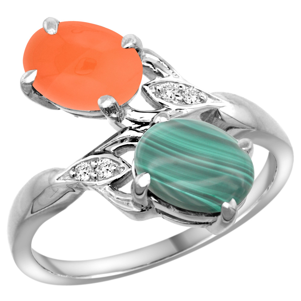 14K WHITE GOLD DIAMOND NATURAL MALACHITE & ORANGE MOONSTONE 2-STONE RING OVAL 8X6MM, SIZES 5 - 10