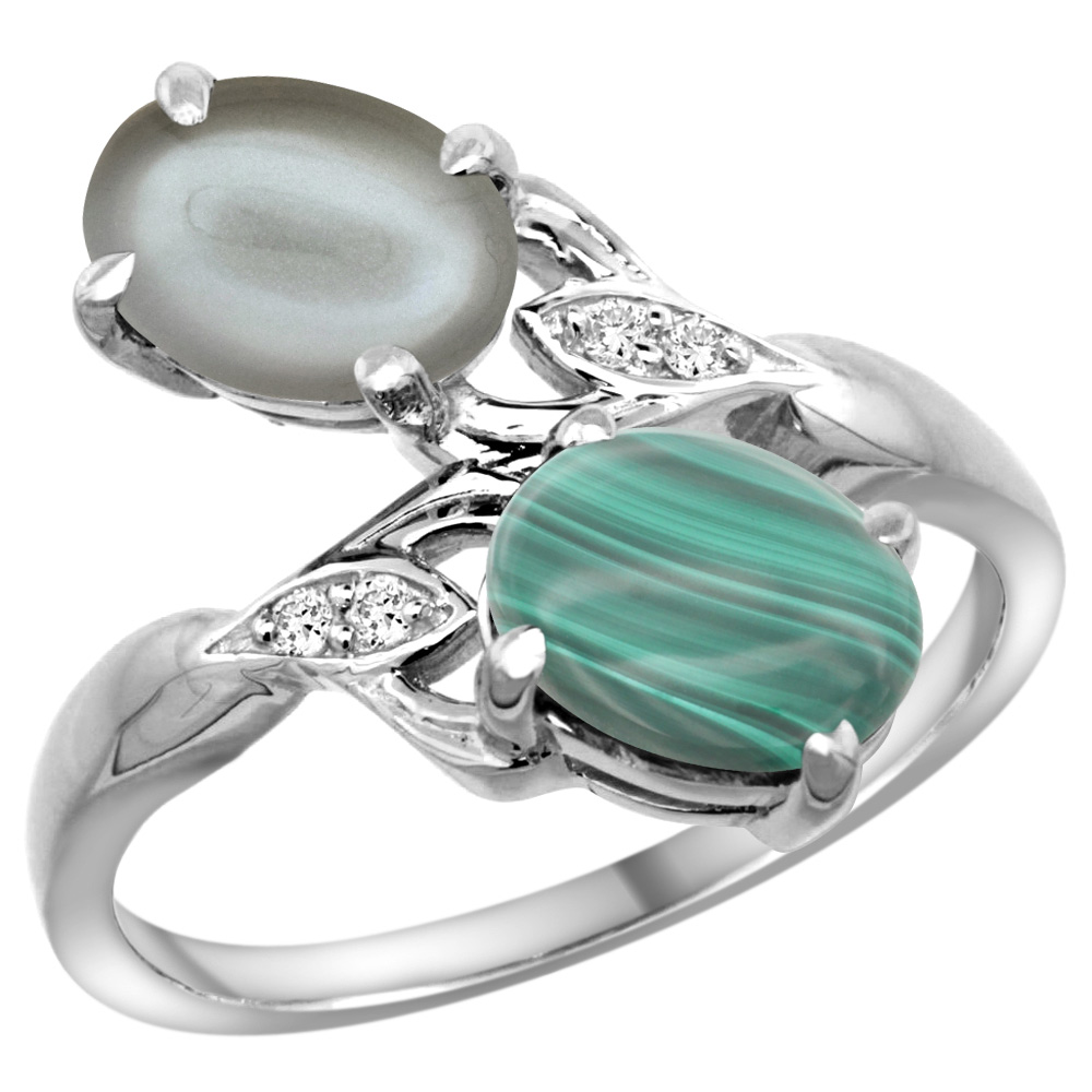 14K WHITE GOLD DIAMOND NATURAL MALACHITE & GRAY MOONSTONE 2-STONE RING OVAL 8X6MM, SIZES 5 - 10