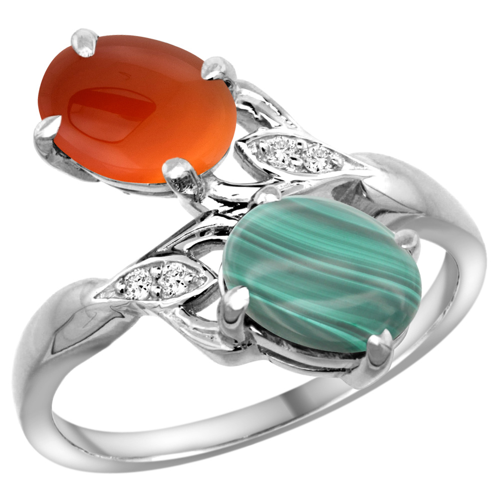 14K WHITE GOLD DIAMOND NATURAL MALACHITE & BROWN AGATE 2-STONE RING OVAL 8X6MM, SIZES 5 - 10