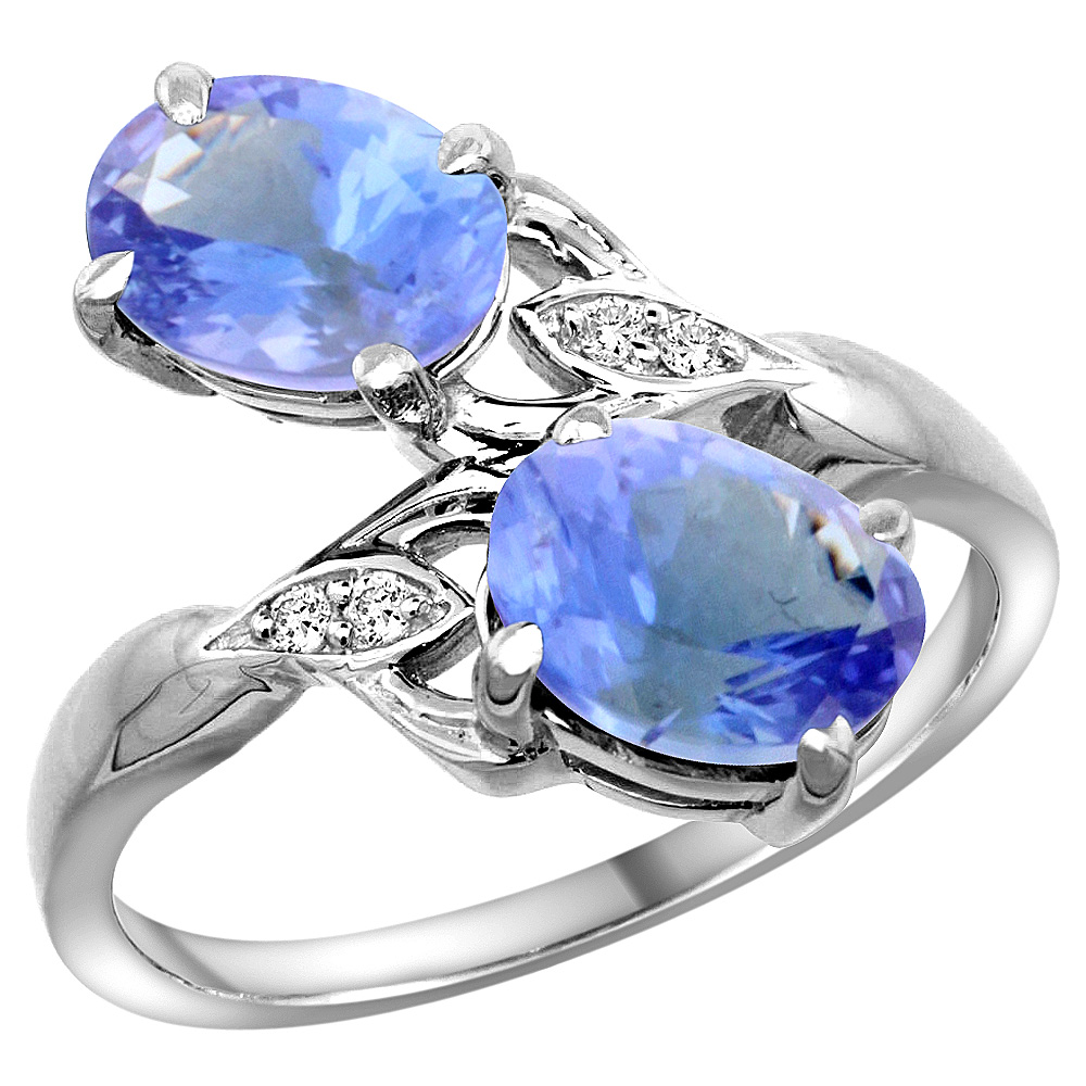 14K WHITE GOLD DIAMOND NATURAL TANZANITE 2-STONE RING OVAL 8X6MM, SIZES 5 - 10